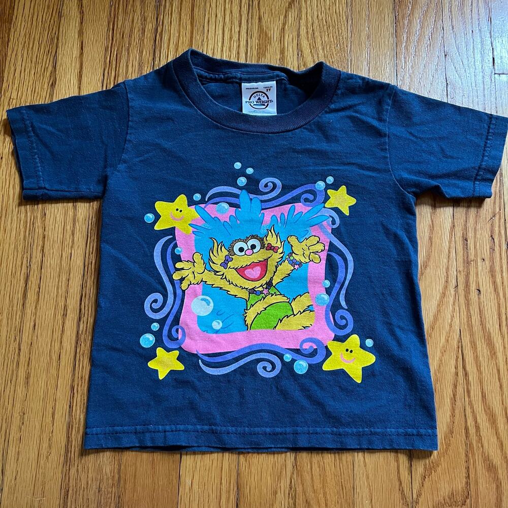 Sesame Street Place Zoe Y2K T-shirt kids size 2T Navy Blue Delta pro tag USA